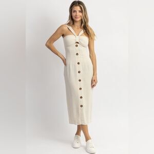 NWT I.N.A Ina Rae Neutral Bow + Button Linen Midi Dress Size Large